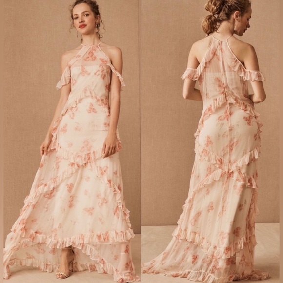 BHLDN Theresa Floral Chiffon Maxi Dress Maxi Dress Ruffles Peach Orange Size 10 - Picture 2 of 2